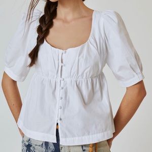 Anthropologie White Short Sleeve Scoop Neck Cotton Blouse Top Petite XXS PXXS